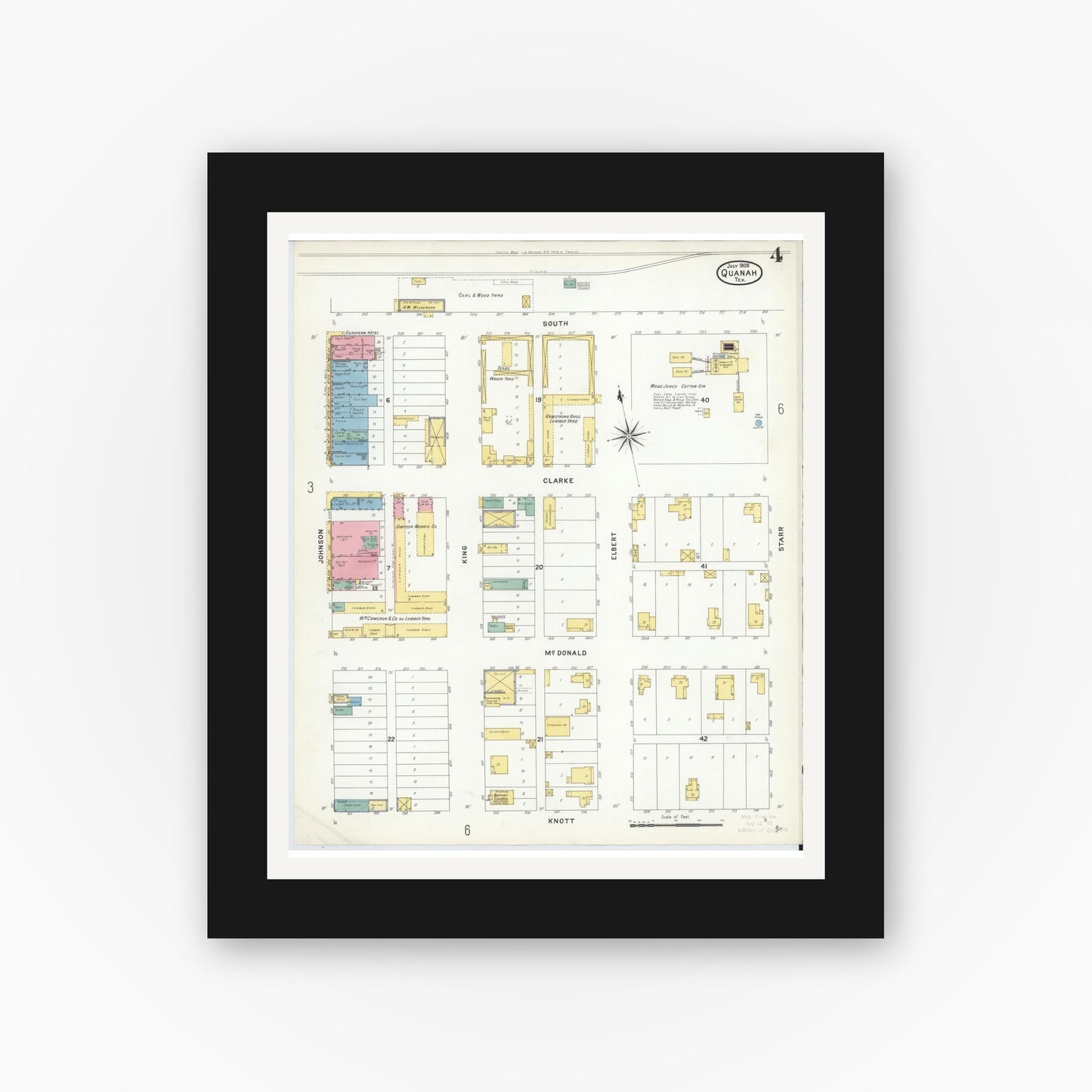 Old map wall art mockup — black gallery frame with white mat — Sanborn Fire Insurance Map from Quanah, Hardeman County, Texas (1908), Sheet #0004
