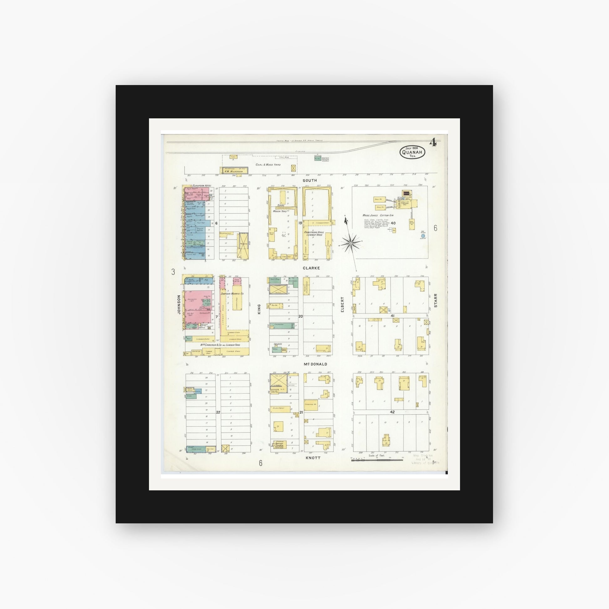 Old map wall art mockup — black gallery frame with white mat — Sanborn Fire Insurance Map from Quanah, Hardeman County, Texas (1908), Sheet #0004