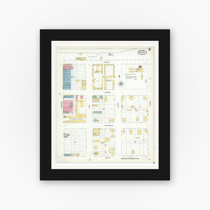Old map wall art mockup — black gallery frame with white mat — Sanborn Fire Insurance Map from Quanah, Hardeman County, Texas (1908), Sheet #0004