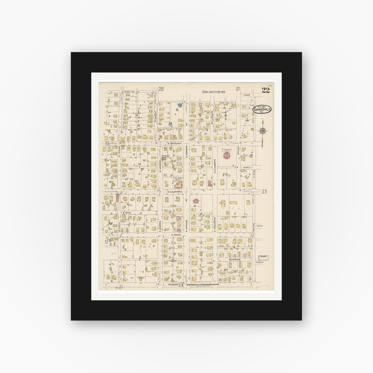 Old map wall art mockup — black gallery frame with white mat — Sanborn Fire Insurance Map from Gainesville, Cooke County, Texas (1922), Sheet #0022
