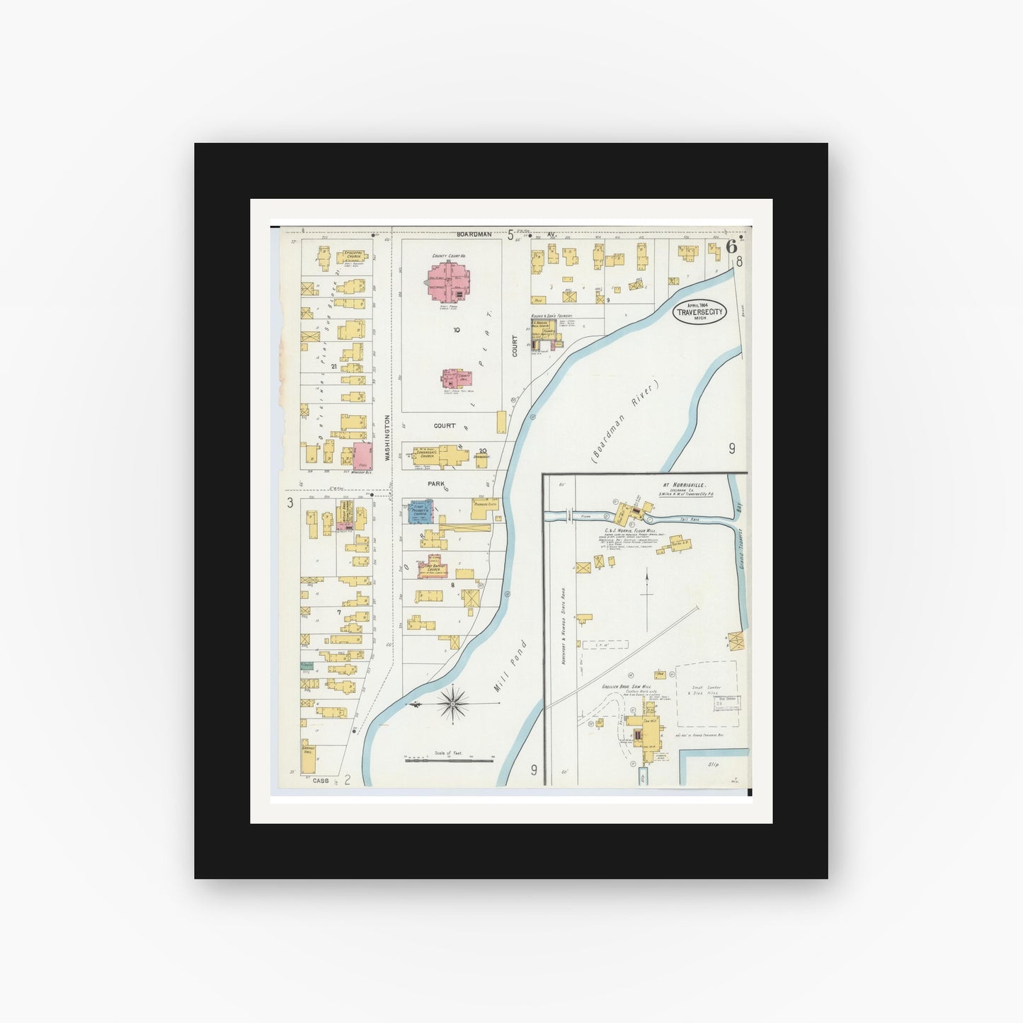 Old map wall art mockup — black gallery frame with white mat — Sanborn Fire Insurance Map from Traverse City, Grand Traverse County, Michigan (1904), Sheet #0006
