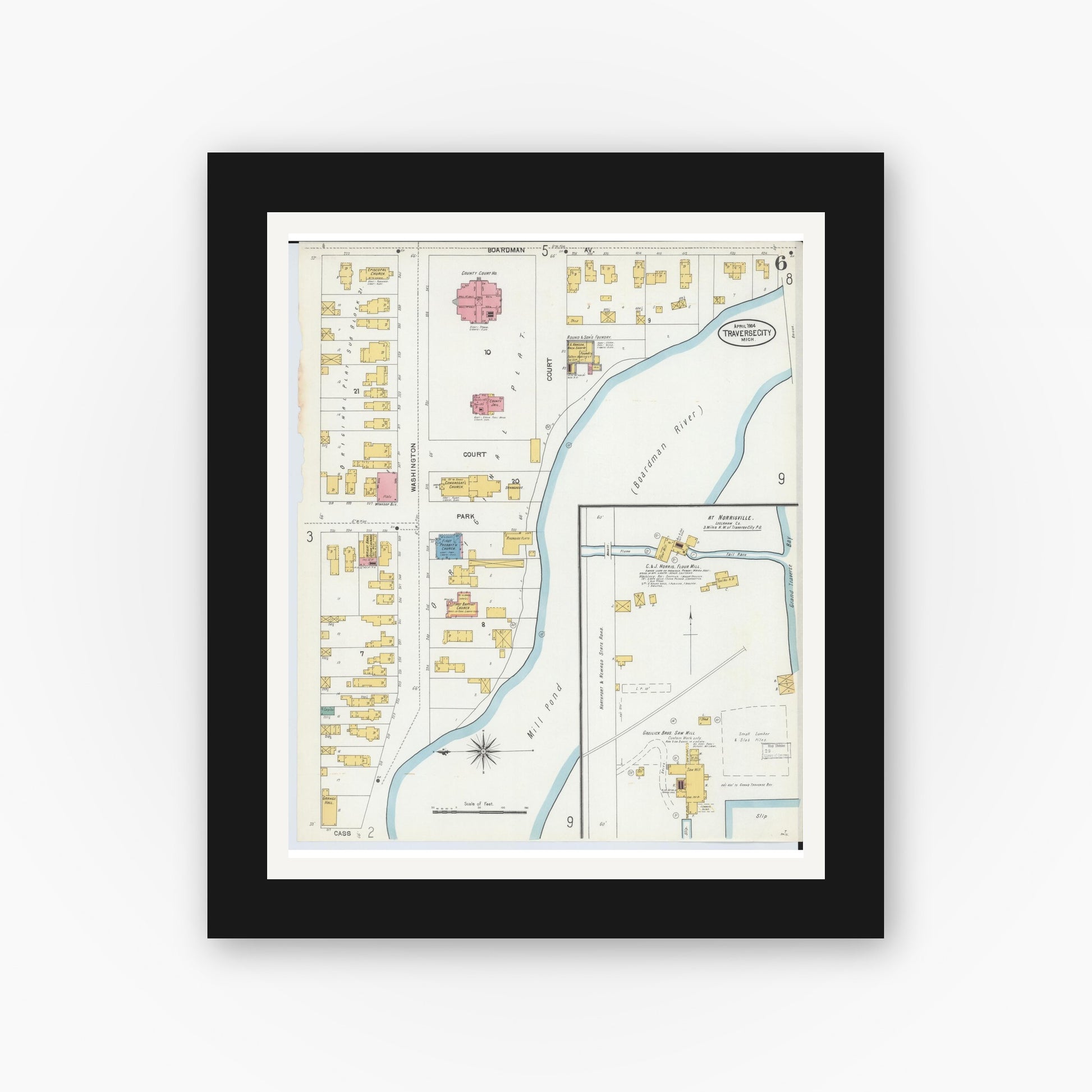 Old map wall art mockup — black gallery frame with white mat — Sanborn Fire Insurance Map from Traverse City, Grand Traverse County, Michigan (1904), Sheet #0006