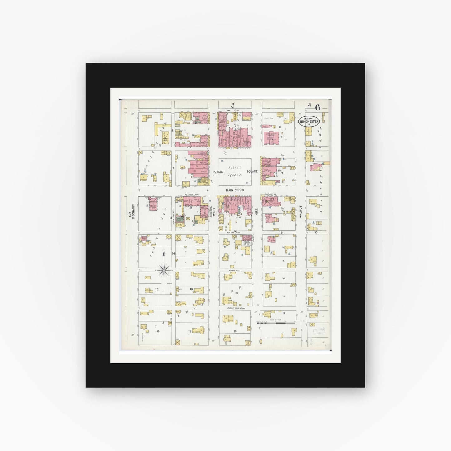 Old map wall art mockup — black gallery frame with white mat — Sanborn Fire Insurance Map from Winchester, Scott County, Illinois (1900), Sheet #0006