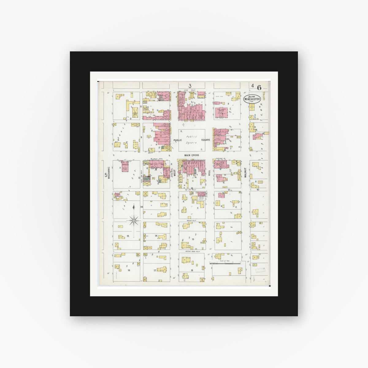 Old map wall art mockup — black gallery frame with white mat — Sanborn Fire Insurance Map from Winchester, Scott County, Illinois (1900), Sheet #0006