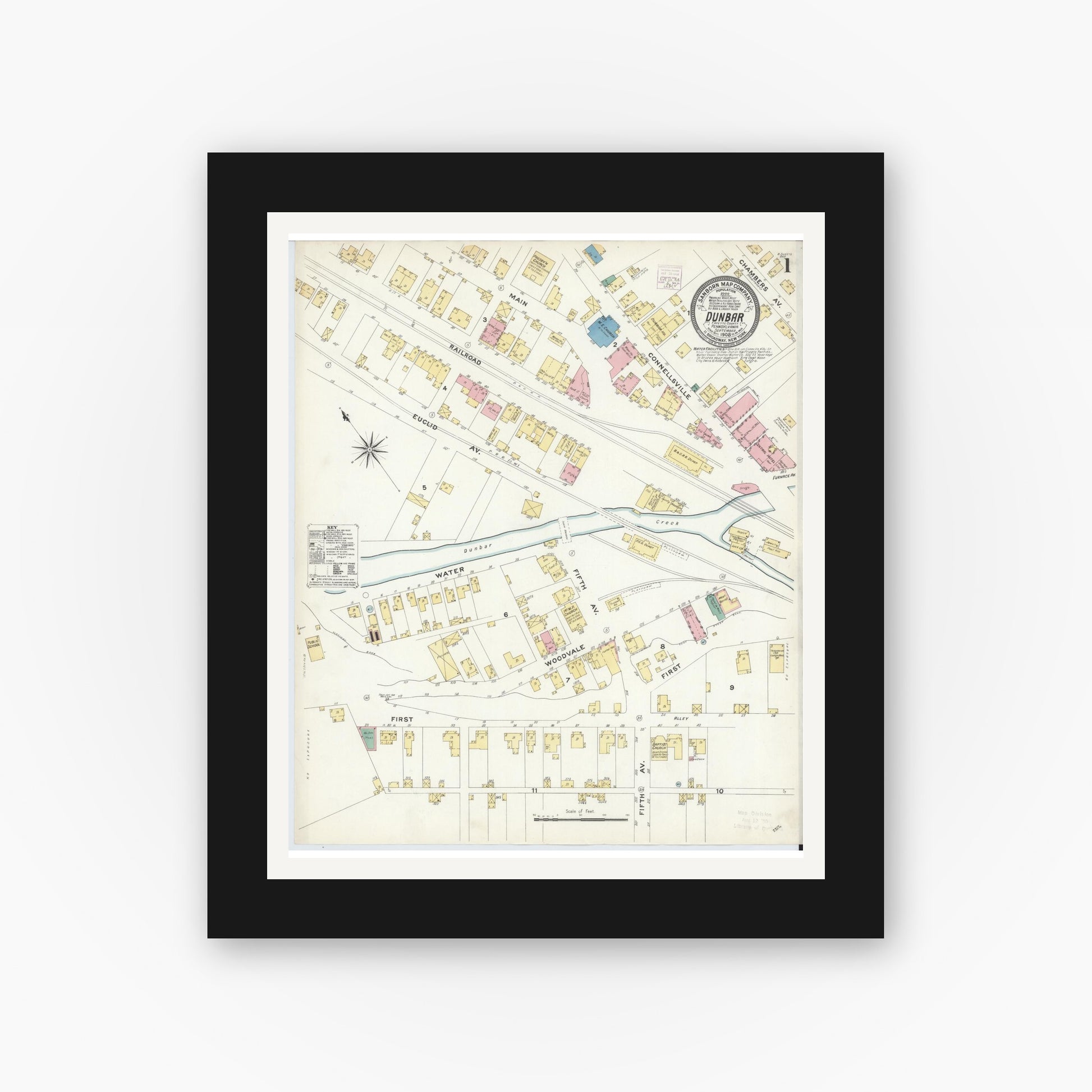 Old map wall art mockup — black gallery frame with white mat — Sanborn Fire Insurance Map from Dunbar, Fayette County, Pennsylvania (1908) - Complete Map Set