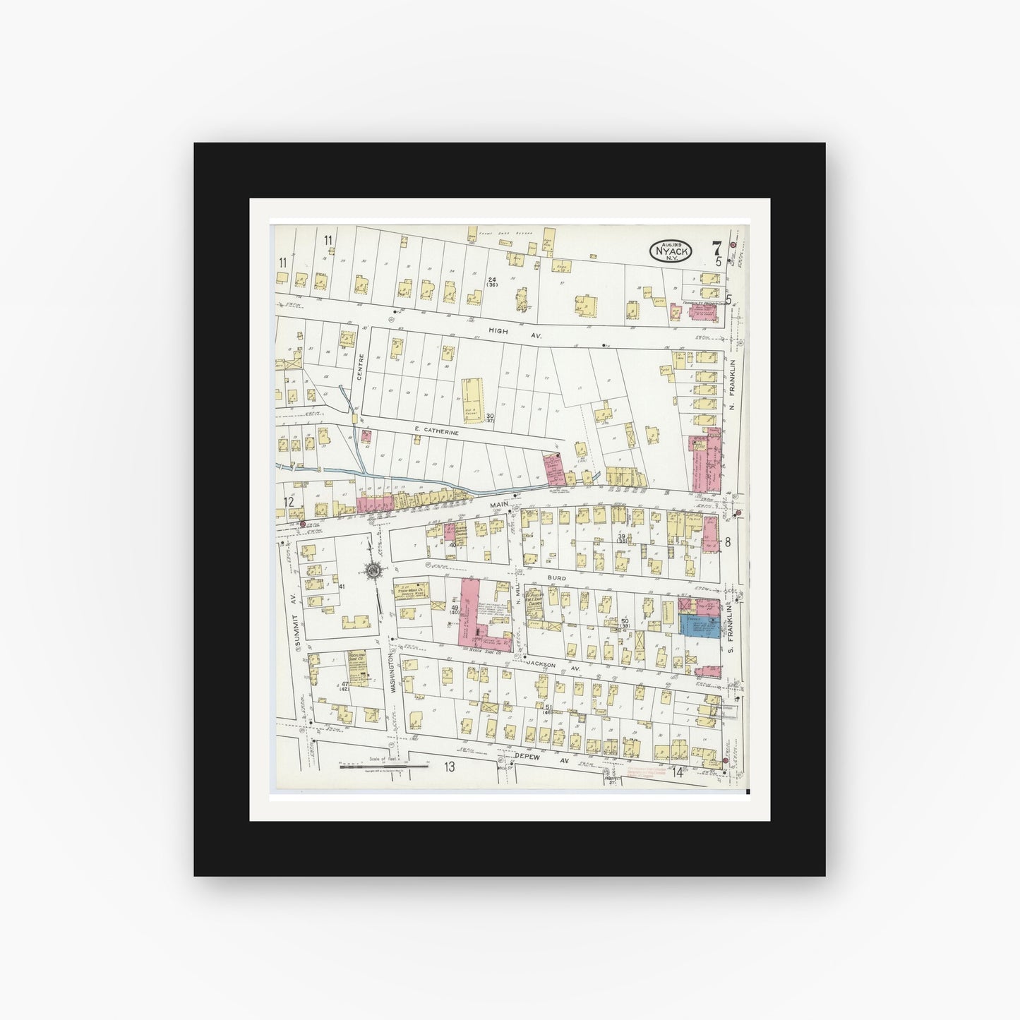 Old map wall art mockup — black gallery frame with white mat — Sanborn Fire Insurance Map from Nyack, Rockland County, New York (1919), Sheet #0007