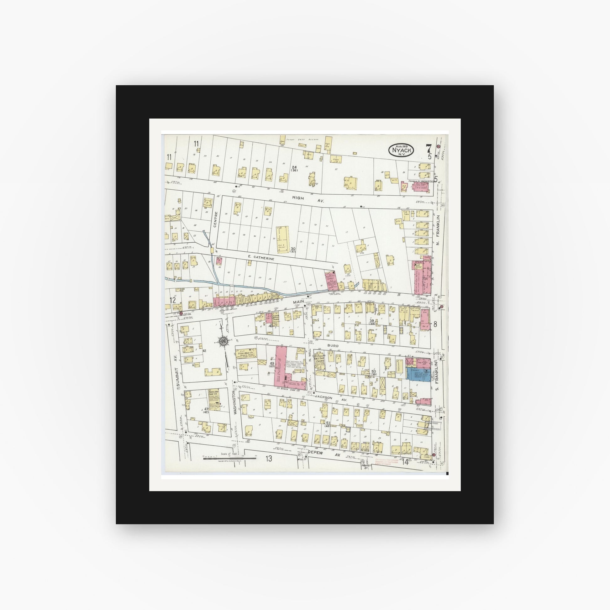 Old map wall art mockup — black gallery frame with white mat — Sanborn Fire Insurance Map from Nyack, Rockland County, New York (1919), Sheet #0007