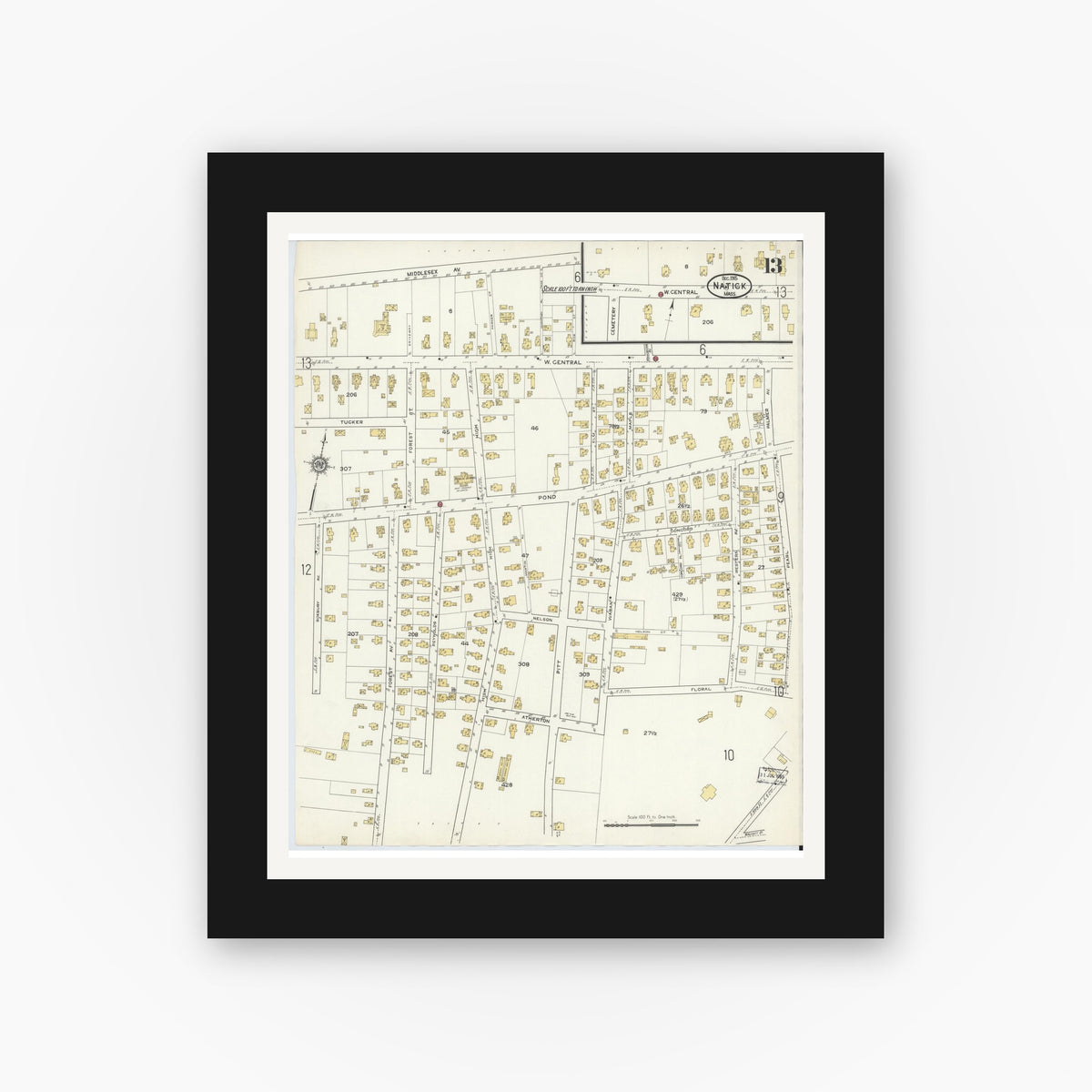 Old map wall art mockup — black gallery frame with white mat — Sanborn Fire Insurance Map from Natick, Middlesex County, Massachusetts (1915), Sheet #0013