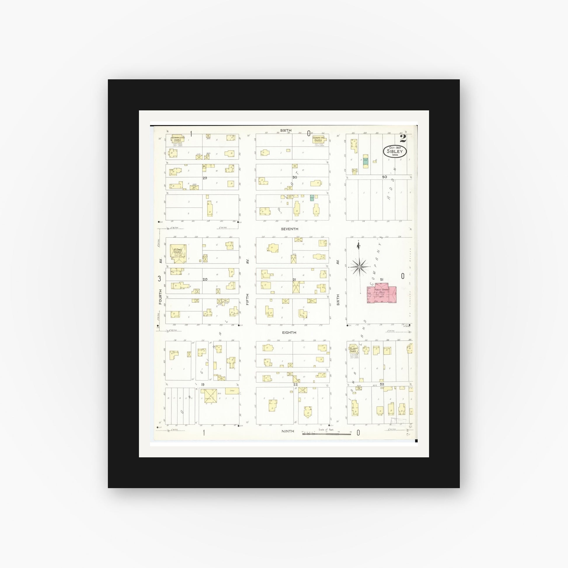 Old map wall art mockup — black gallery frame with white mat — Sanborn Fire Insurance Map from Sibley, Osceola County, Iowa (1907), Sheet #0002