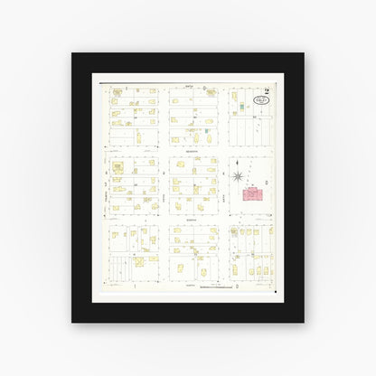 Old map wall art mockup — black gallery frame with white mat — Sanborn Fire Insurance Map from Sibley, Osceola County, Iowa (1907), Sheet #0002
