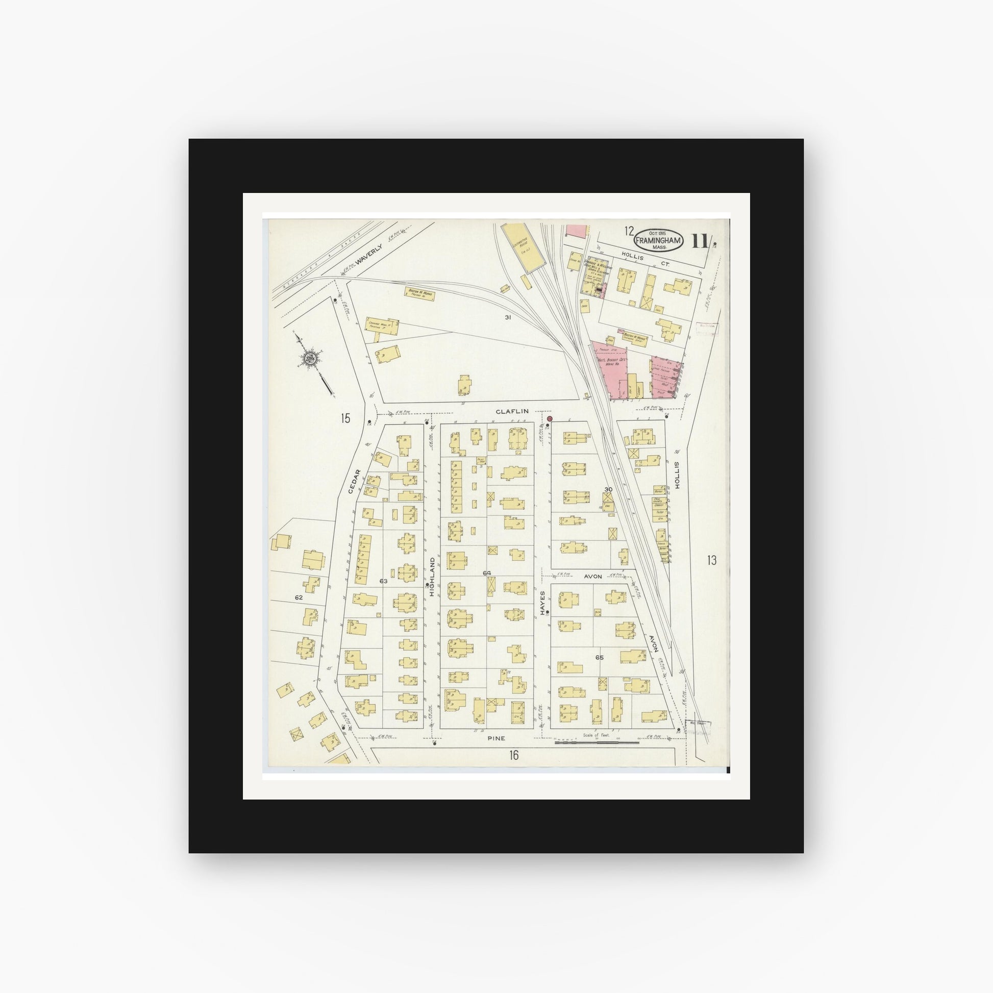 Old map wall art mockup — black gallery frame with white mat — Sanborn Fire Insurance Map from Framingham, Middlesex County, Massachusetts (1915), Sheet #0011