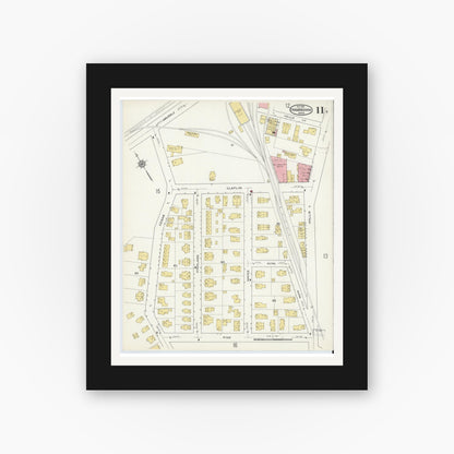 Old map wall art mockup — black gallery frame with white mat — Sanborn Fire Insurance Map from Framingham, Middlesex County, Massachusetts (1915), Sheet #0011