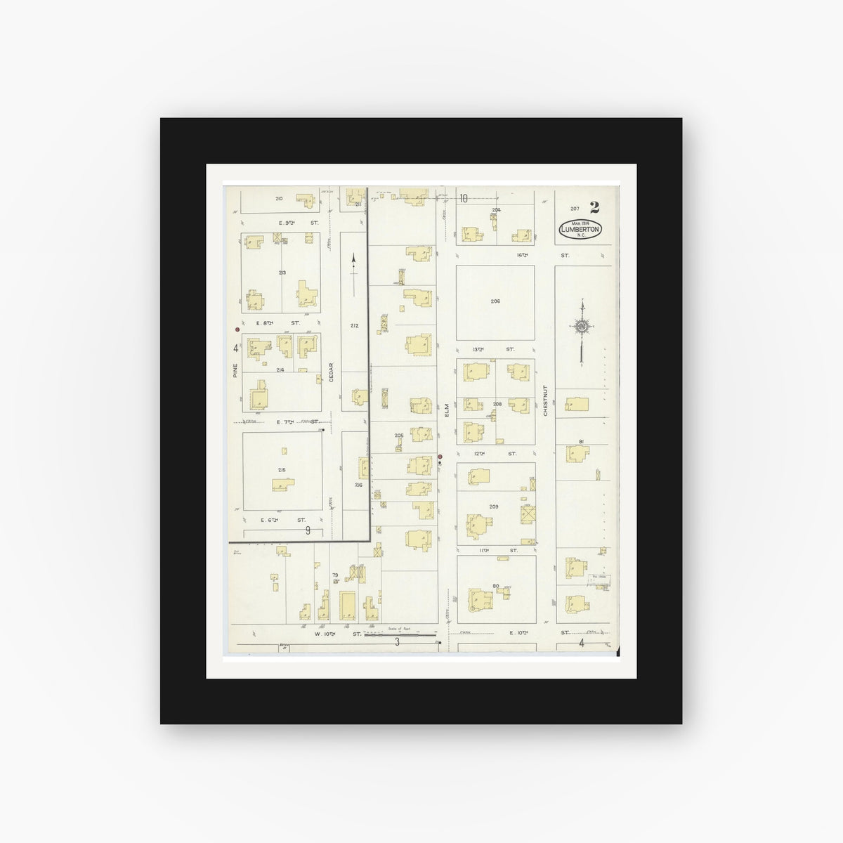 Old map wall art mockup — black gallery frame with white mat — Sanborn Fire Insurance Map from Lumberton, Robeson County, North Carolina (1914), Sheet #0002