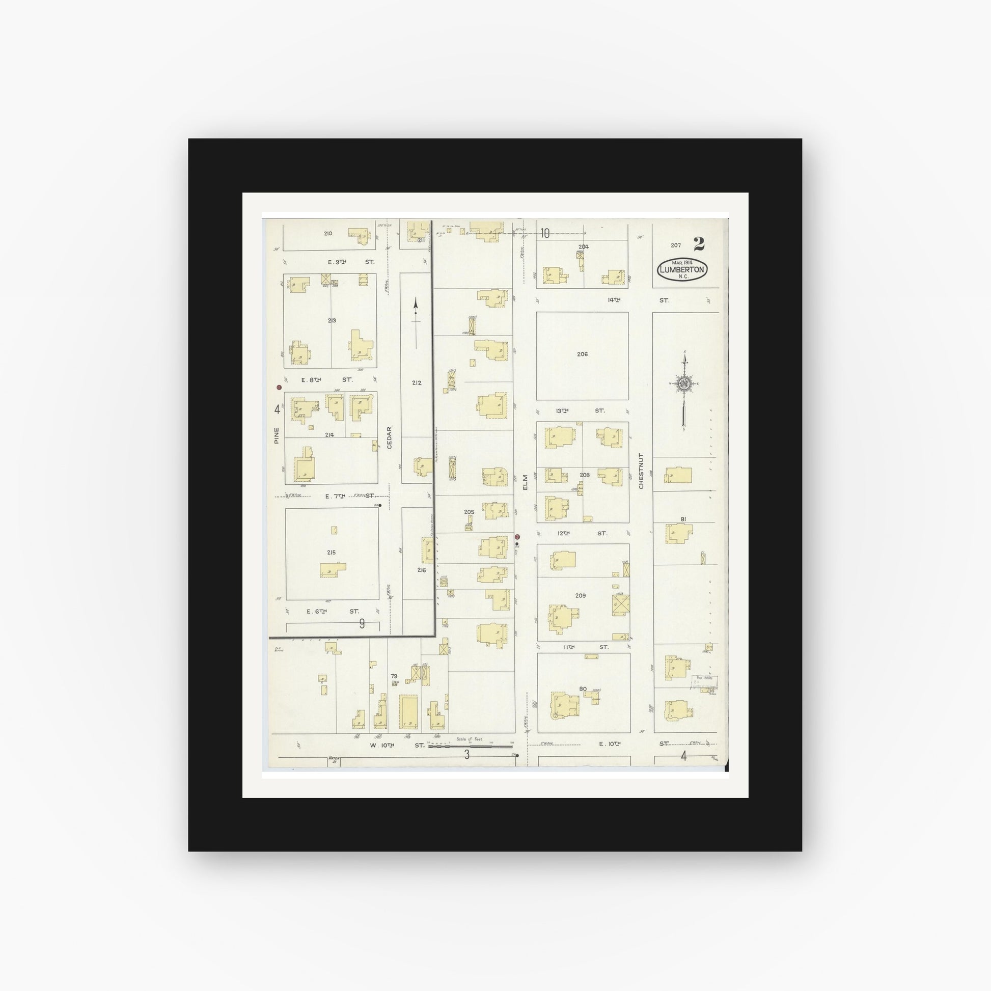 Old map wall art mockup — black gallery frame with white mat — Sanborn Fire Insurance Map from Lumberton, Robeson County, North Carolina (1914), Sheet #0002