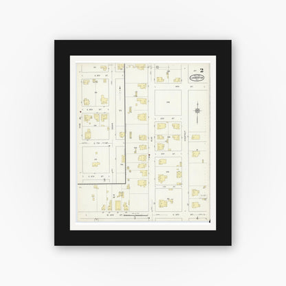 Old map wall art mockup — black gallery frame with white mat — Sanborn Fire Insurance Map from Lumberton, Robeson County, North Carolina (1914), Sheet #0002