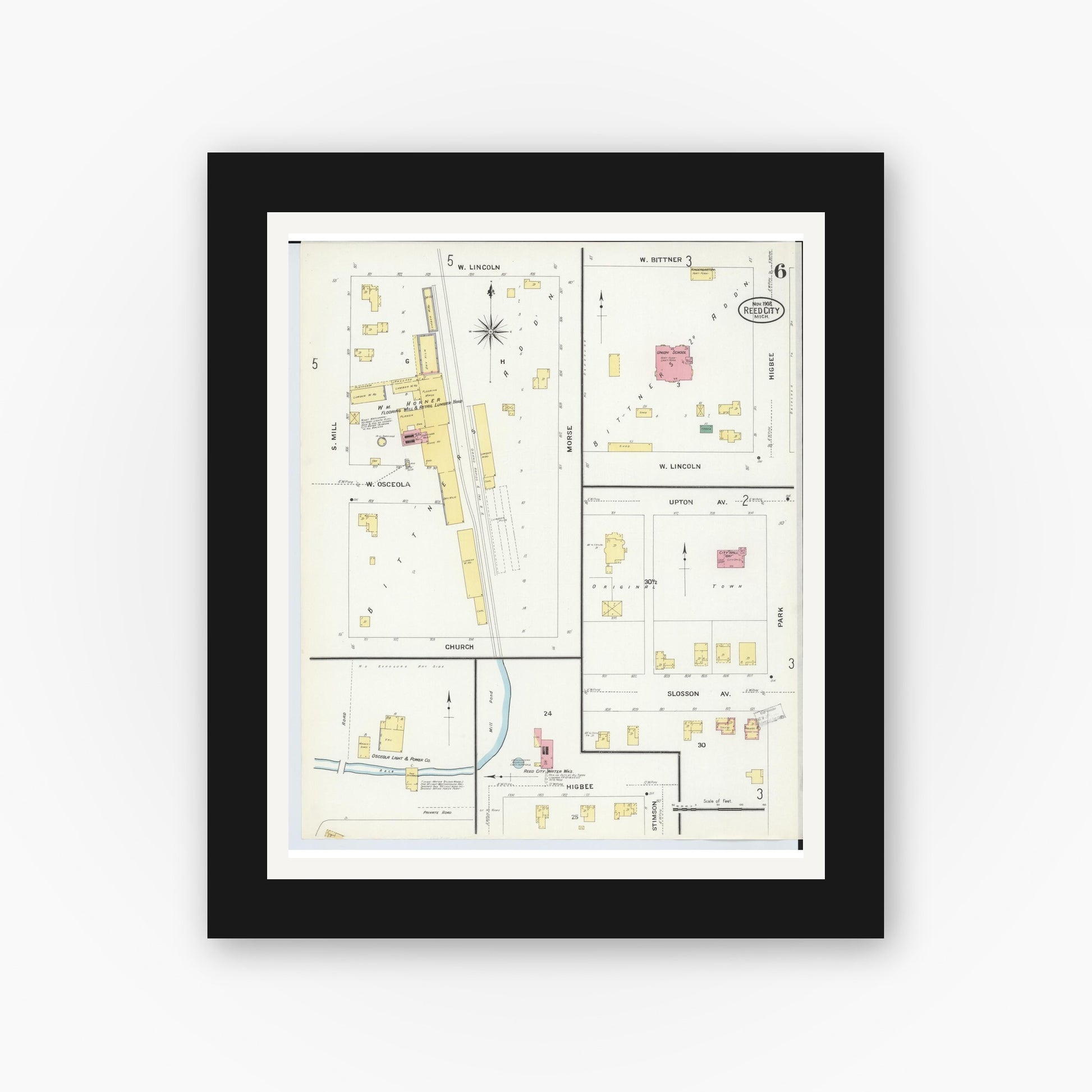 Old map wall art mockup — black gallery frame with white mat — Sanborn Fire Insurance Map from Reed City, Osceola County, Michigan (1908), Sheet #0006