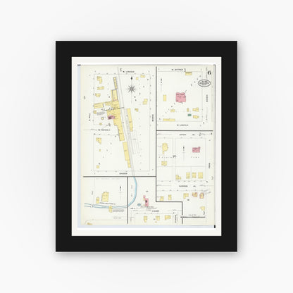 Old map wall art mockup — black gallery frame with white mat — Sanborn Fire Insurance Map from Reed City, Osceola County, Michigan (1908), Sheet #0006