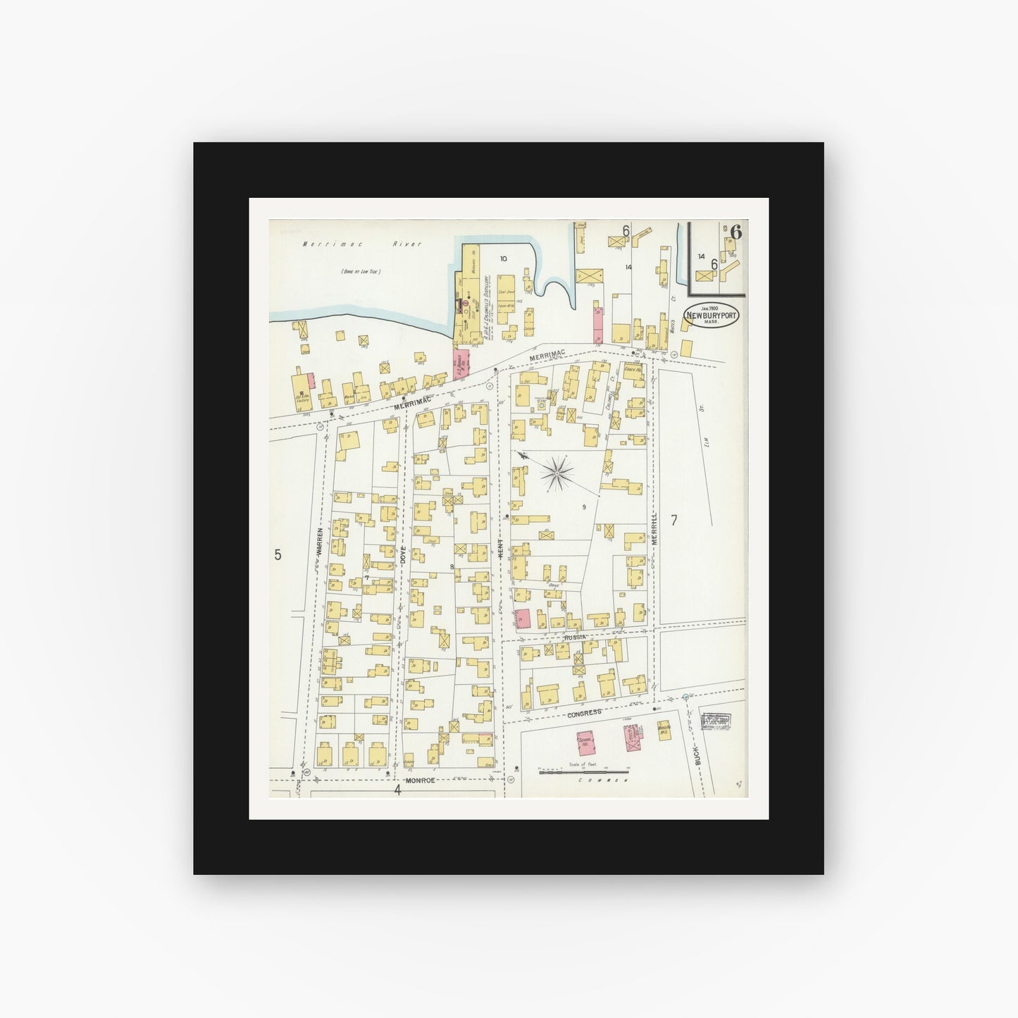 Old map wall art mockup — black gallery frame with white mat — Sanborn Fire Insurance Map from Newburyport, Essex County, Massachusetts (1900), Sheet #0006