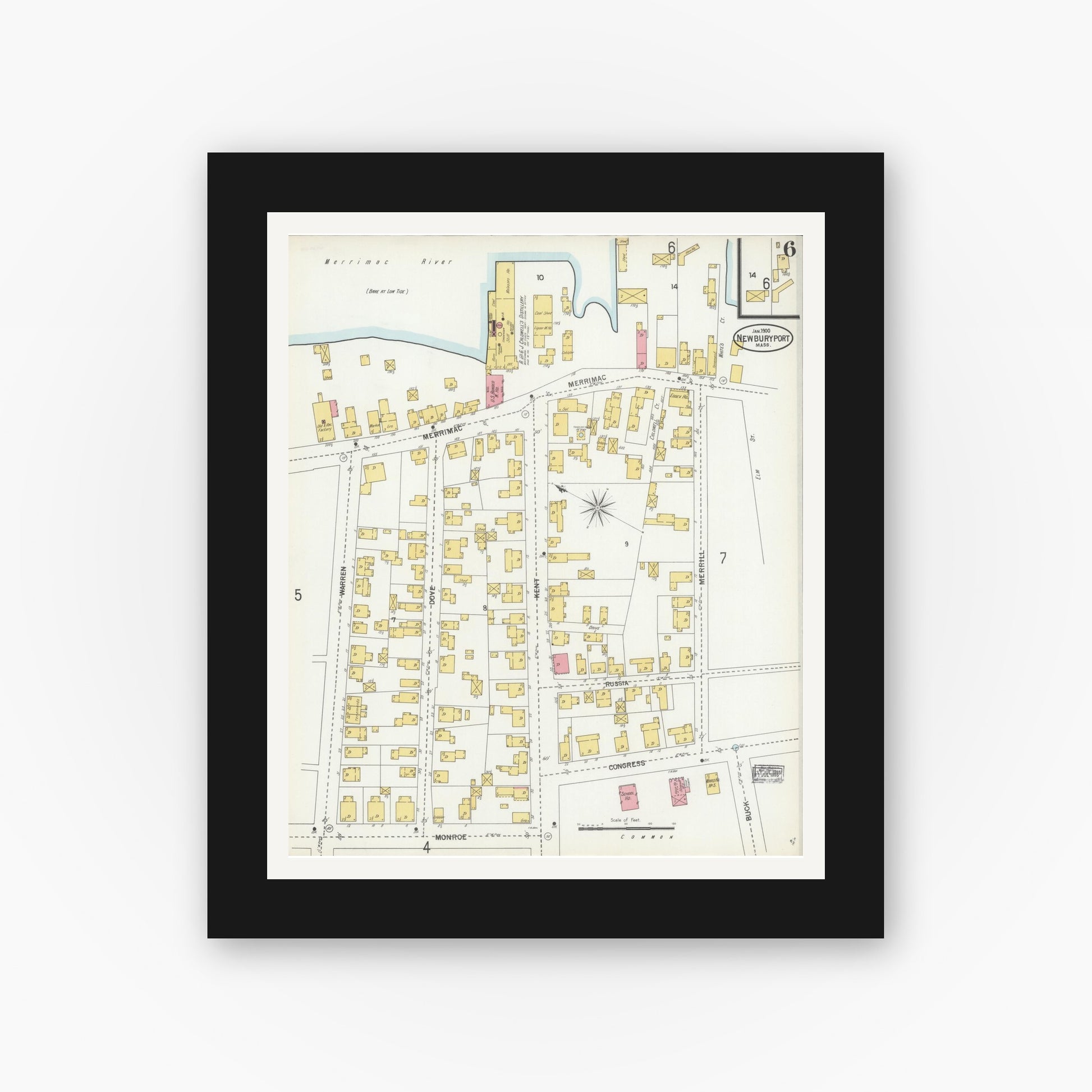 Old map wall art mockup — black gallery frame with white mat — Sanborn Fire Insurance Map from Newburyport, Essex County, Massachusetts (1900), Sheet #0006