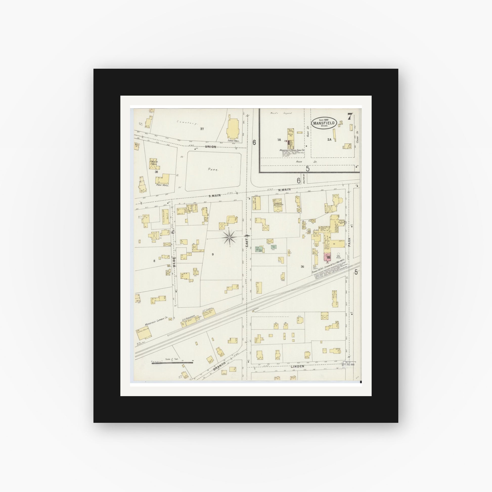 Old map wall art mockup — black gallery frame with white mat — Sanborn Fire Insurance Map from Mansfield, Bristol County, Massachusetts (1897), Sheet #0007
