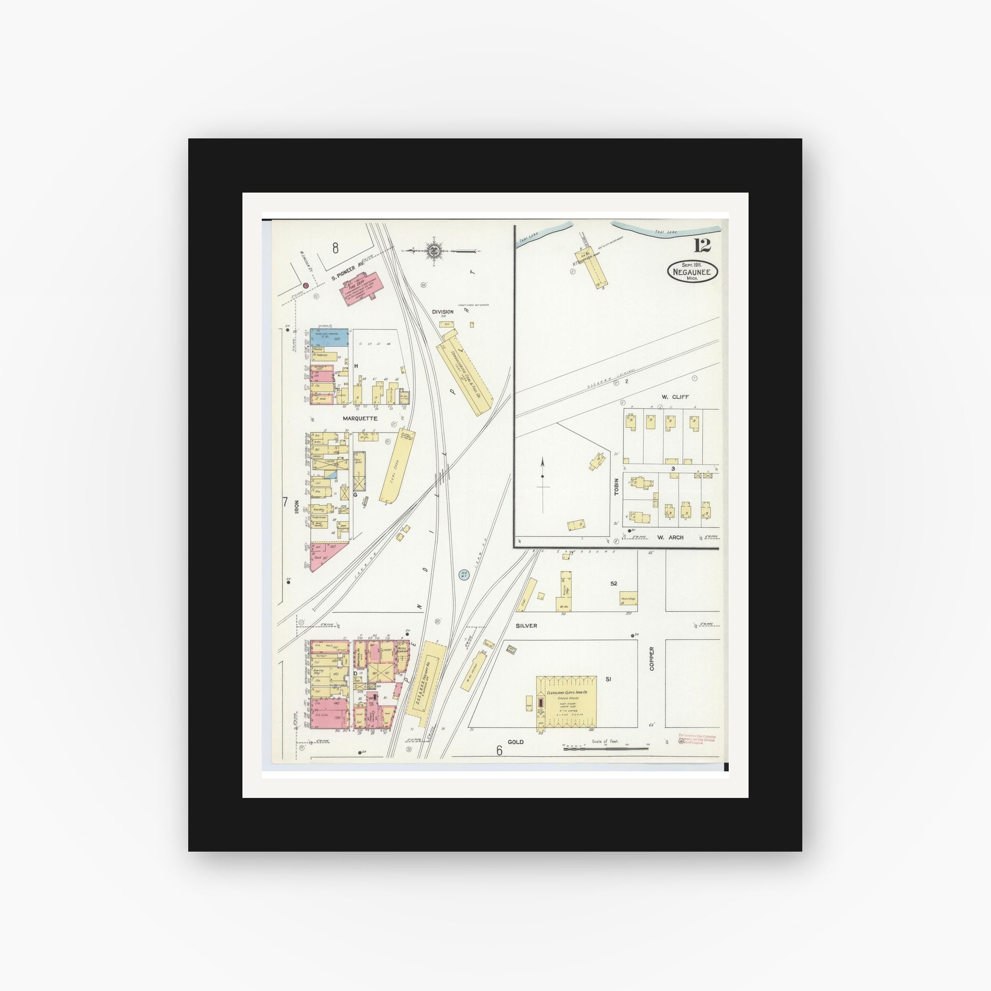 Old map wall art mockup — black gallery frame with white mat — Sanborn Fire Insurance Map from Negaunee, Marquette County, Michigan (1911), Sheet #0012