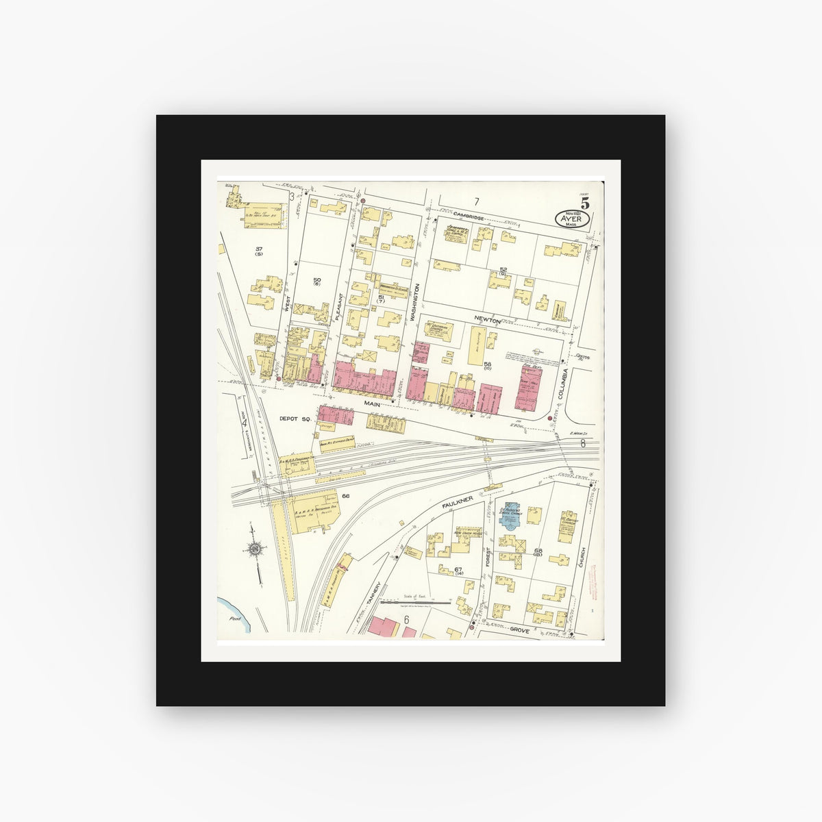 Old map wall art mockup — black gallery frame with white mat — Sanborn Fire Insurance Map from Ayer, Middlesex County, Massachusetts (1921), Sheet #0005