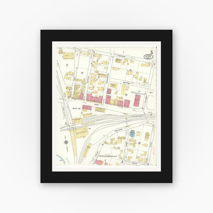 Old map wall art mockup — black gallery frame with white mat — Sanborn Fire Insurance Map from Ayer, Middlesex County, Massachusetts (1921), Sheet #0005
