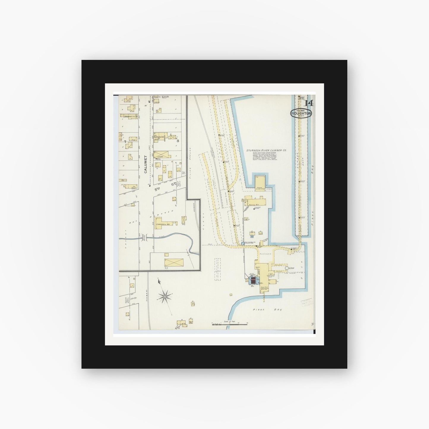 Old map wall art mockup — black gallery frame with white mat — Sanborn Fire Insurance Map from Houghton, Houghton County, Michigan (1893), Sheet #0014