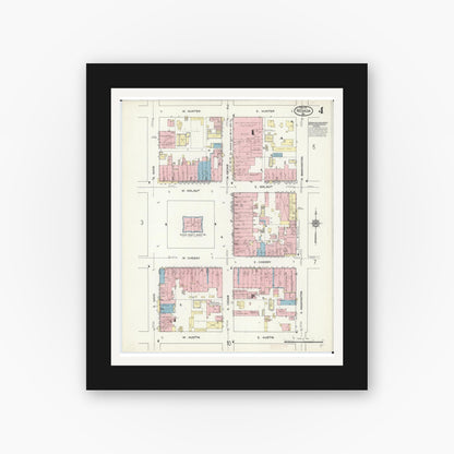 Old map wall art mockup — black gallery frame with white mat — Sanborn Fire Insurance Map from Nevada, Vernon County, Missouri (1914), Sheet #0004
