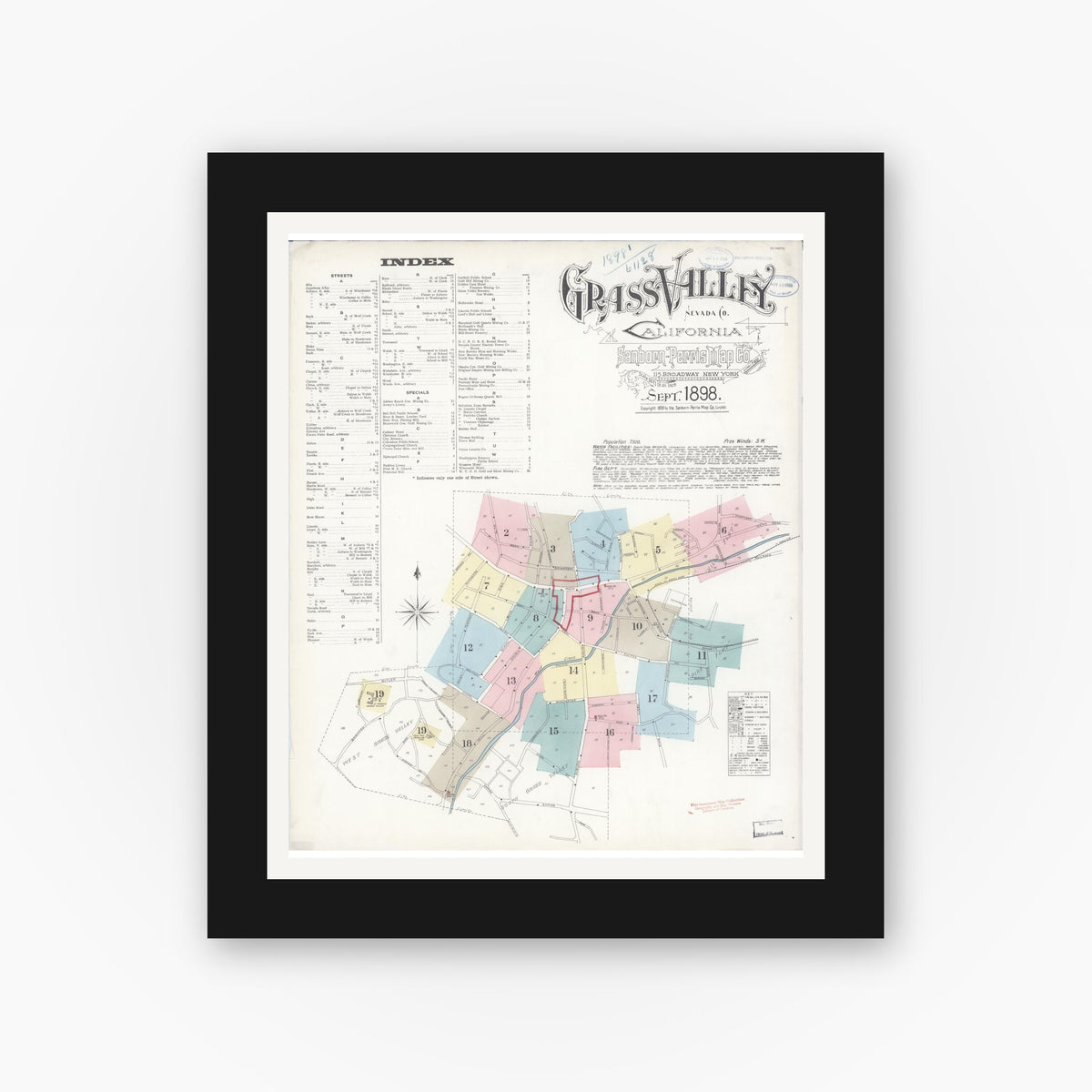 Old map wall art mockup — black gallery frame with white mat — Sanborn Fire Insurance Map from Grass Valley, Nevada County, California (1898), Sheet #0001