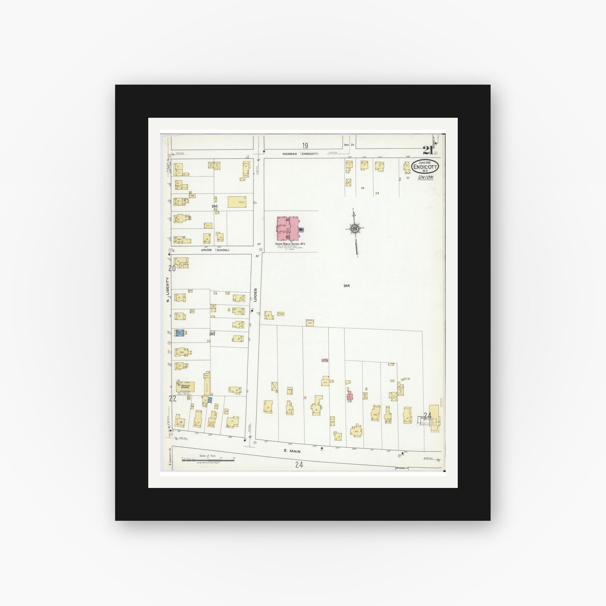 Old map wall art mockup — black gallery frame with white mat — Sanborn Fire Insurance Map from Endicott, Broome County, New York (1918), Sheet #0021