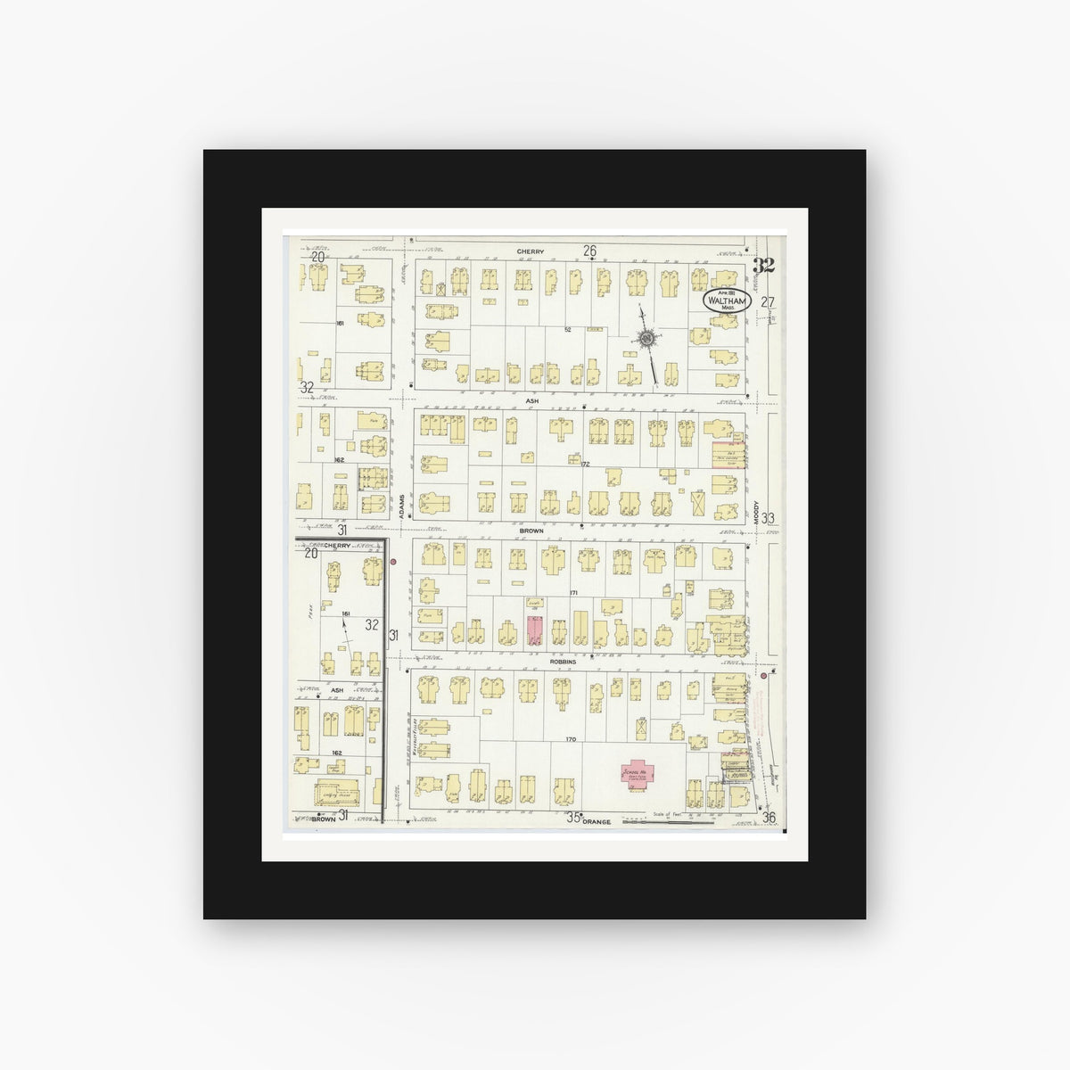 Old map wall art mockup — black gallery frame with white mat — Sanborn Fire Insurance Map from Waltham, Middlesex County, Massachusetts (1911), Sheet #0032