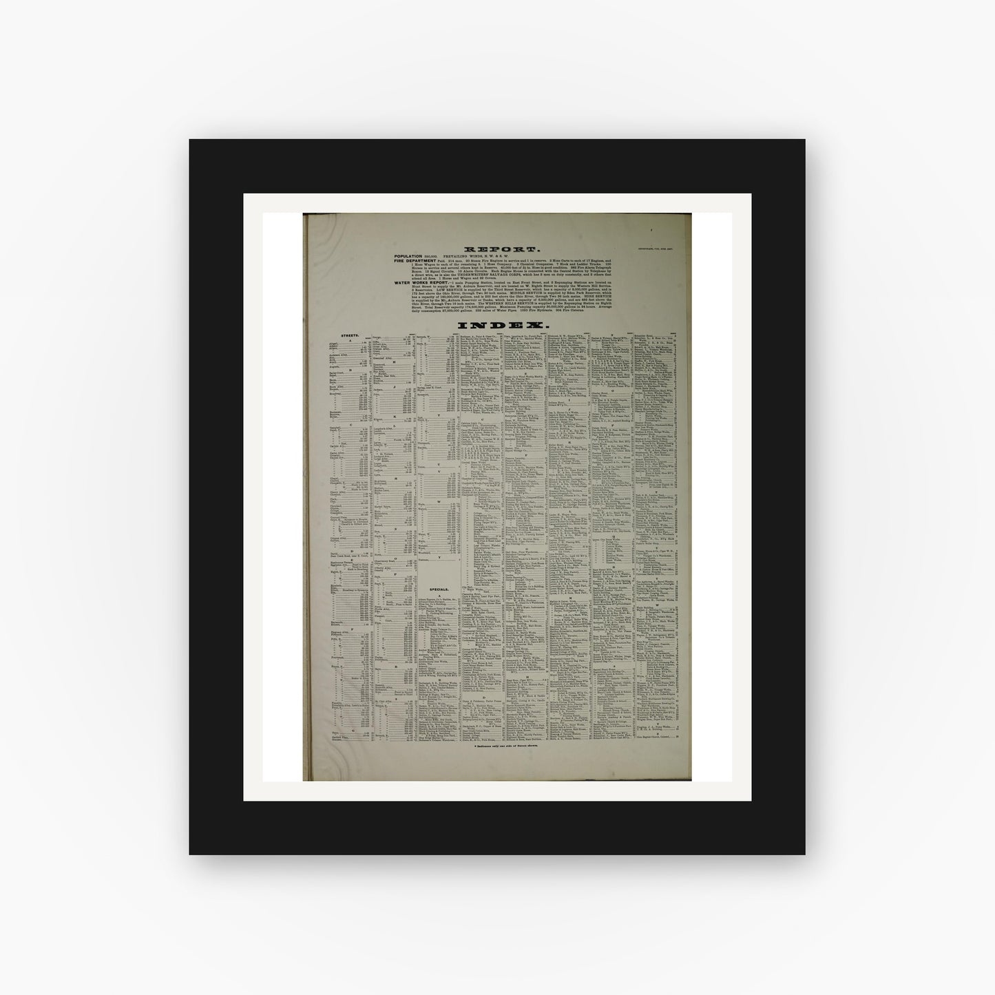 Old map wall art mockup — black gallery frame with white mat — Sanborn Fire Insurance Map from Cincinnati, Hamilton County, Ohio (1887), Sheet #0001