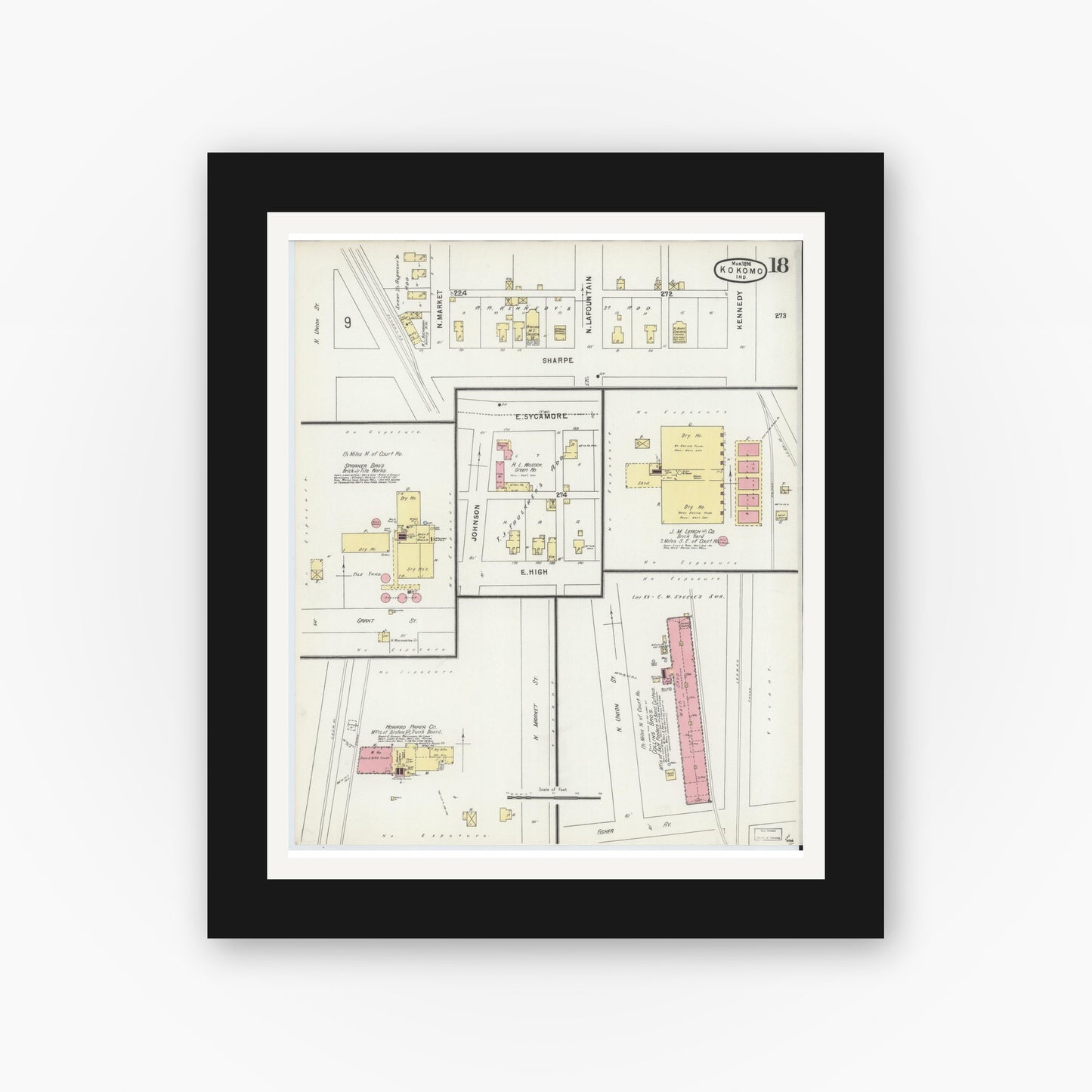 Old map wall art mockup — black gallery frame with white mat — Sanborn Fire Insurance Map from Kokomo, Howard County, Indiana (1896), Sheet #0018