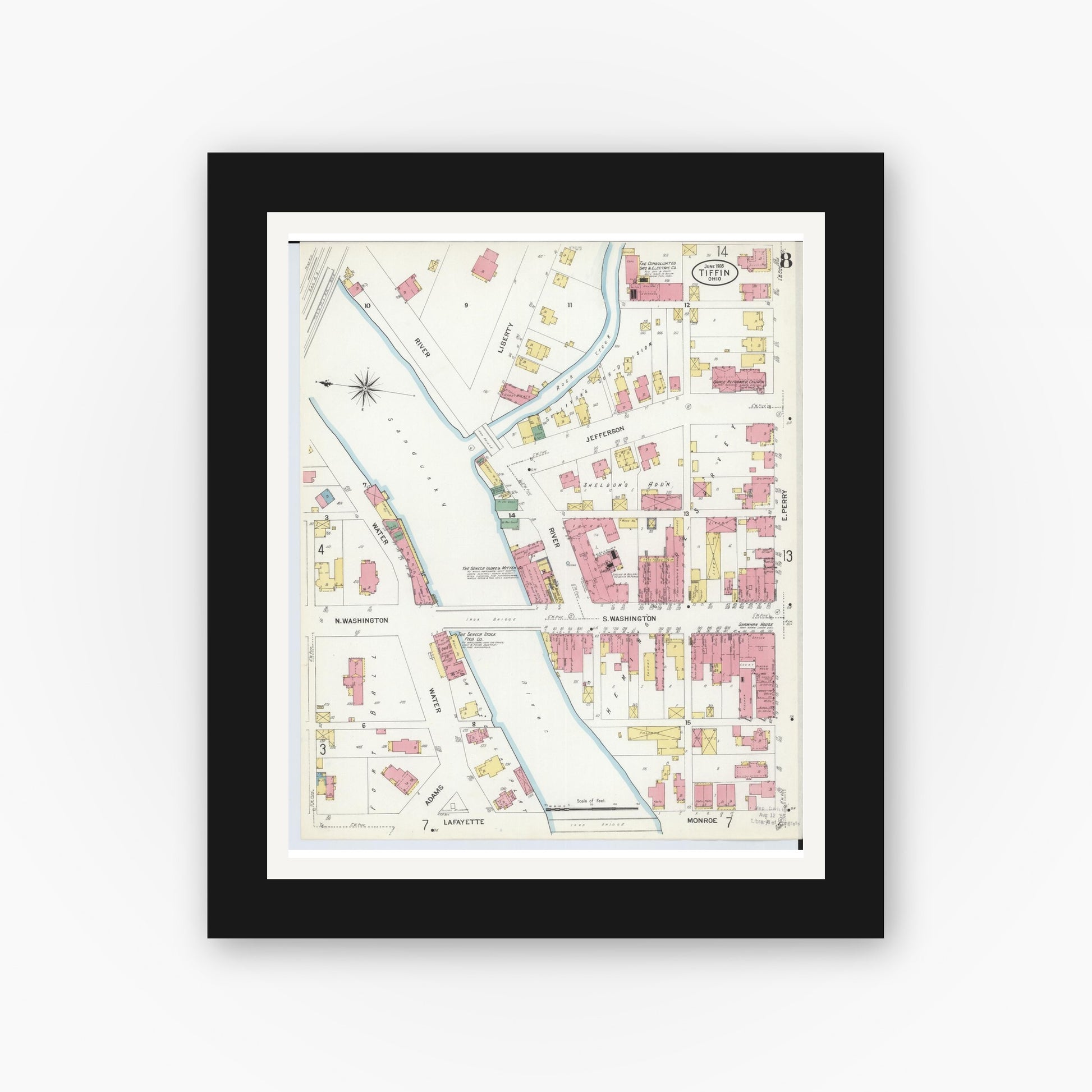 Old map wall art mockup — black gallery frame with white mat — Sanborn Fire Insurance Map from Tiffin, Seneca County, Ohio (1908), Sheet #0008