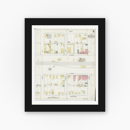 Old map wall art mockup — black gallery frame with white mat — Sanborn Fire Insurance Map from Bushnell, Mcdonough County, Illinois (1893), Sheet #0002