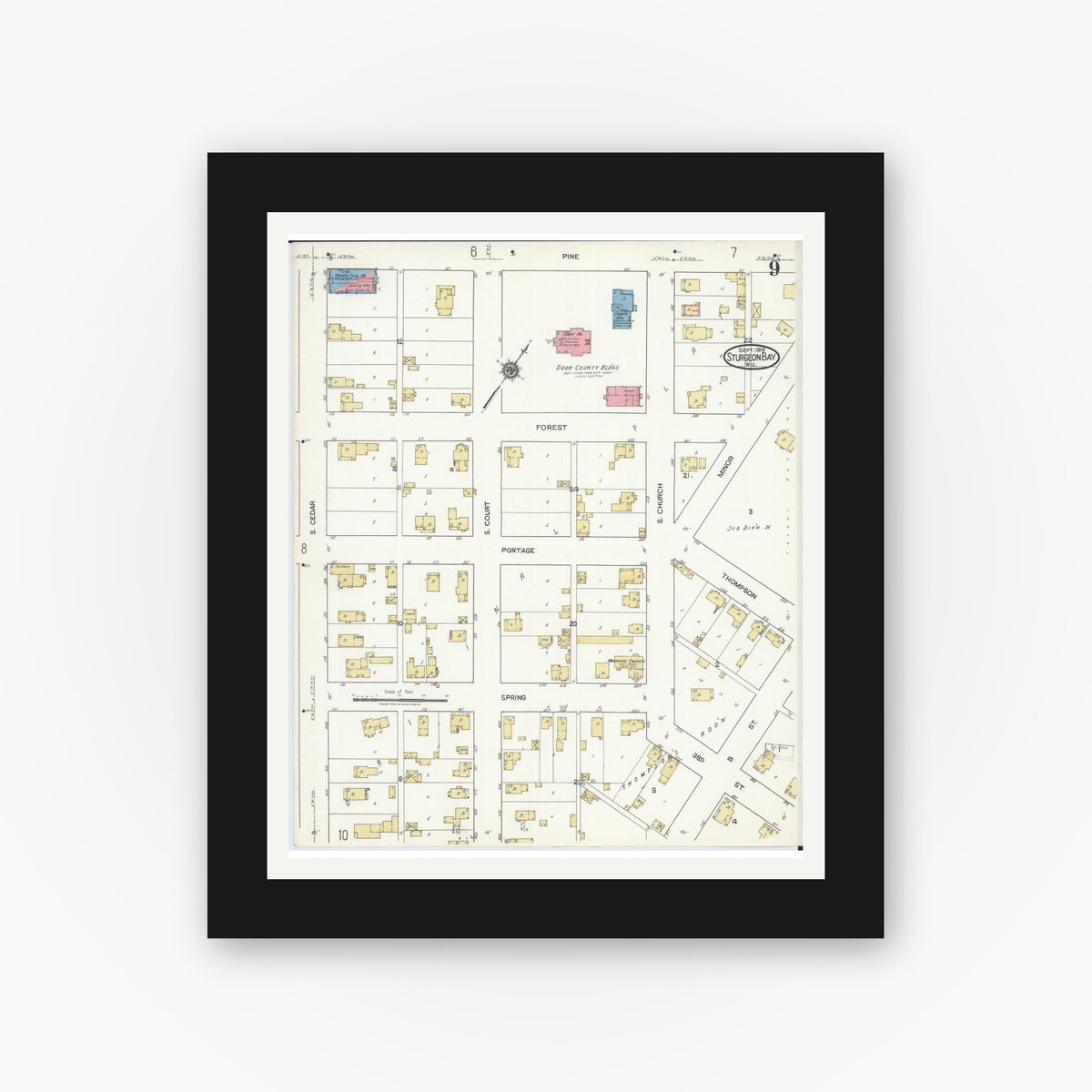 Old map wall art mockup — black gallery frame with white mat — Sanborn Fire Insurance Map from Sturgeon Bay, Door County, Wisconsin (1919), Sheet #0009