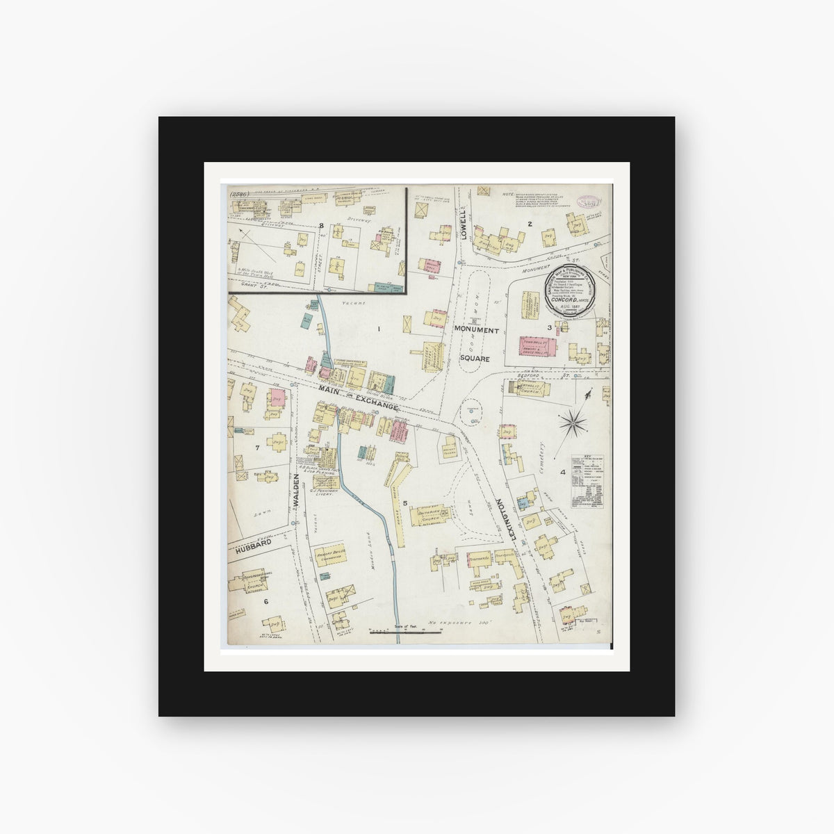 Old map wall art mockup — black gallery frame with white mat — Sanborn Fire Insurance Map from Concord, Middlesex County, Massachusetts (1887), Sheet #0001