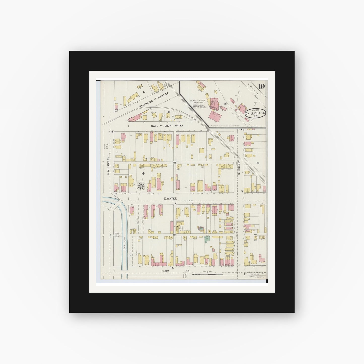 Old map wall art mockup — black gallery frame with white mat — Sanborn Fire Insurance Map from Chillicothe, Ross County, Ohio (1895), Sheet #0019