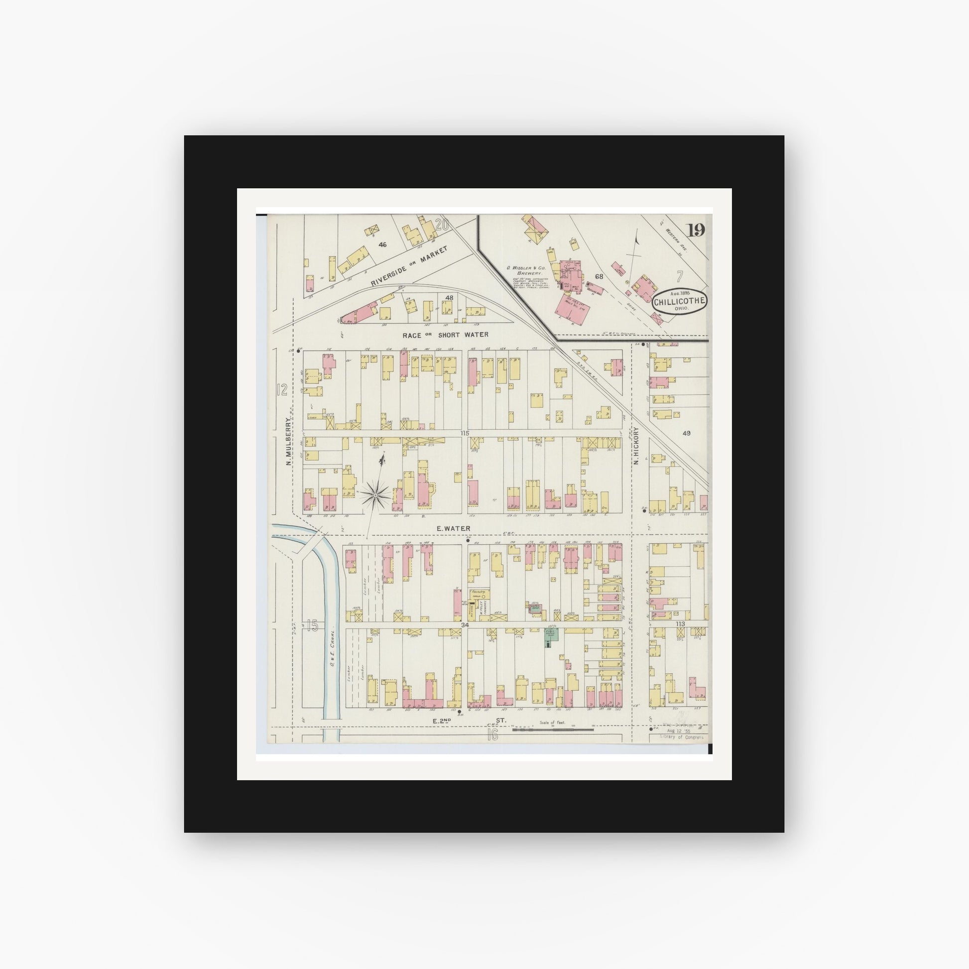 Old map wall art mockup — black gallery frame with white mat — Sanborn Fire Insurance Map from Chillicothe, Ross County, Ohio (1895), Sheet #0019