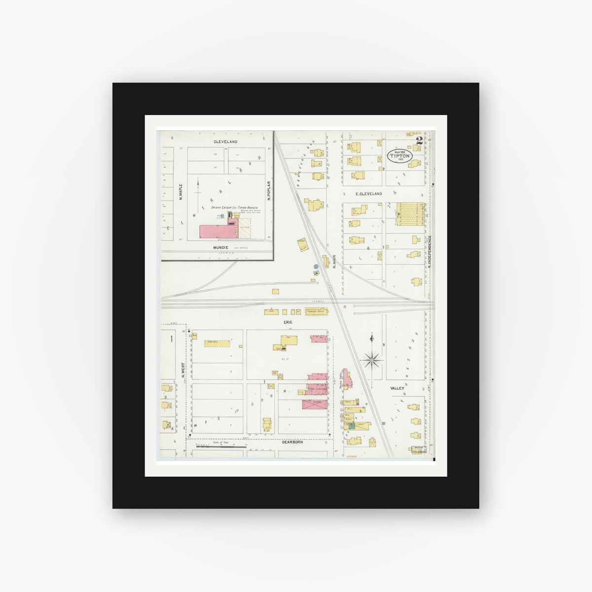 Old map wall art mockup — black gallery frame with white mat — Sanborn Fire Insurance Map from Tipton, Tipton County, Indiana (1902), Sheet #0002