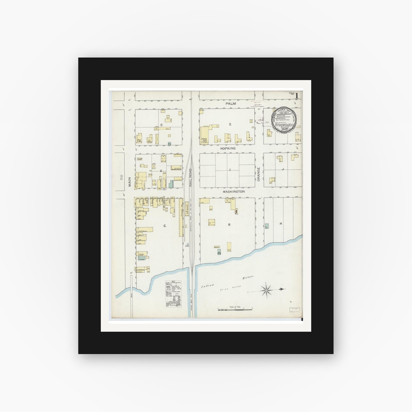 Old map wall art mockup — black gallery frame with white mat — Sanborn Fire Insurance Map from Titusville, Brevard County, Florida (1893) - Complete Map Set
