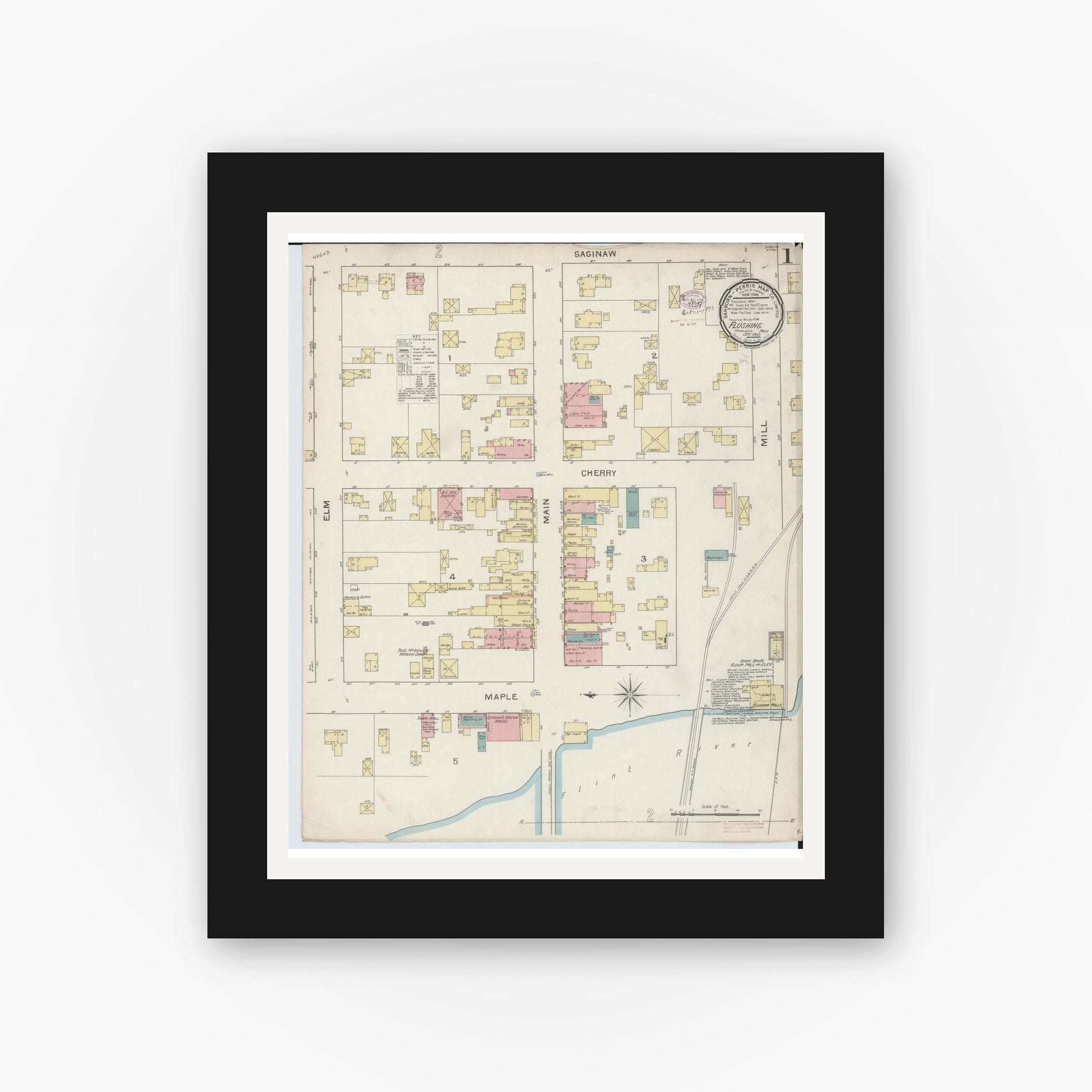 Old map wall art mockup — black gallery frame with white mat — Sanborn Fire Insurance Map from Flushing, Genesee County, Michigan (1893) - Complete Map Set
