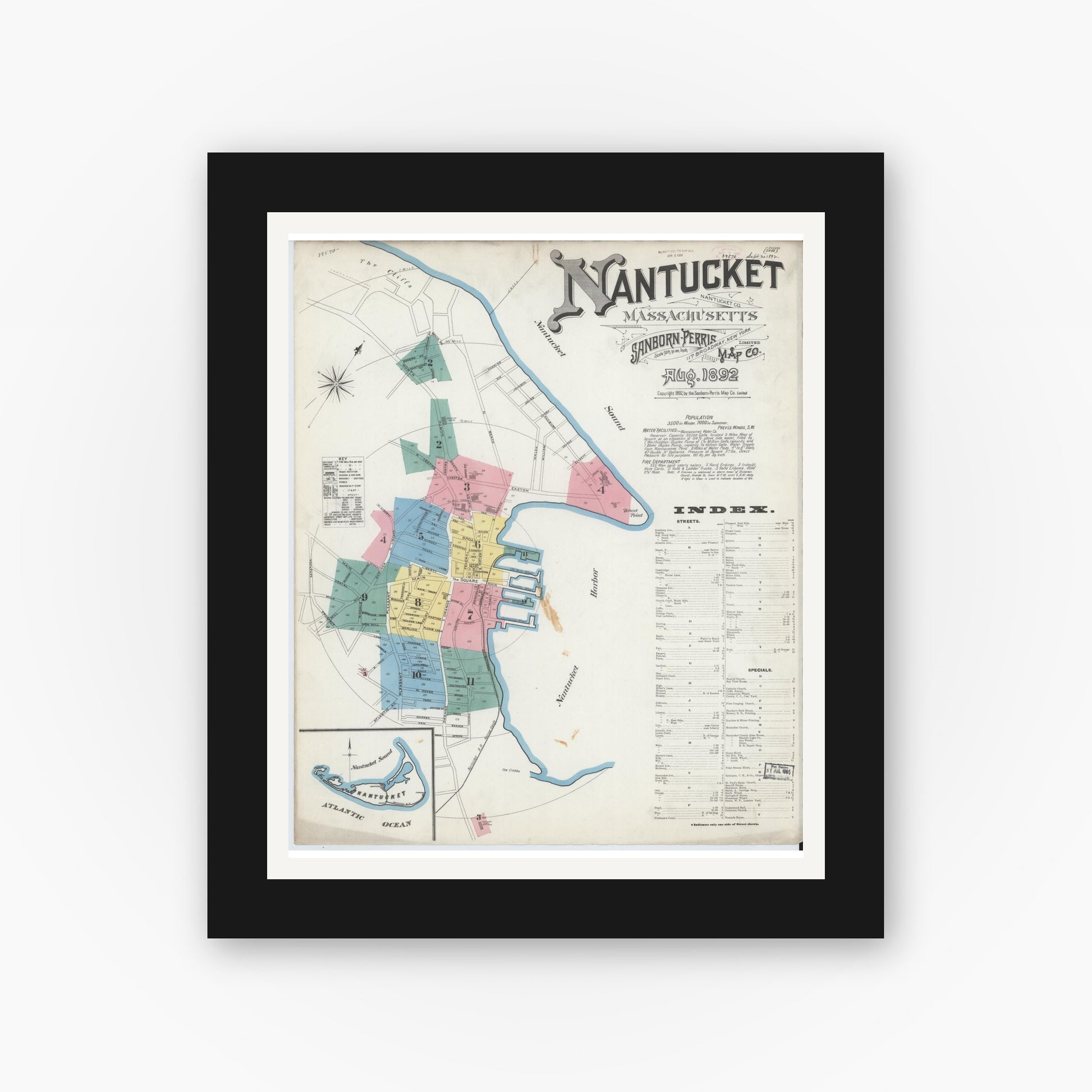 Old map wall art mockup — black gallery frame with white mat — Sanborn Fire Insurance Map from Nantucket, Nantucket County, Massachusetts (1892), Sheet #0001