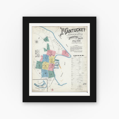 Old map wall art mockup — black gallery frame with white mat — Sanborn Fire Insurance Map from Nantucket, Nantucket County, Massachusetts (1892), Sheet #0001