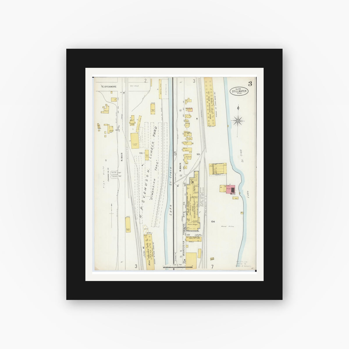 Old map wall art mockup — black gallery frame with white mat — Sanborn Fire Insurance Map from Stillwater, Washington County, Minnesota (1898), Sheet #0003