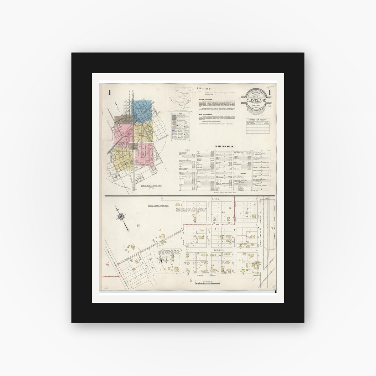 Old map wall art mockup — black gallery frame with white mat — Sanborn Fire Insurance Map from Cleveland, Liberty County, Texas (1939) - Complete Map Set