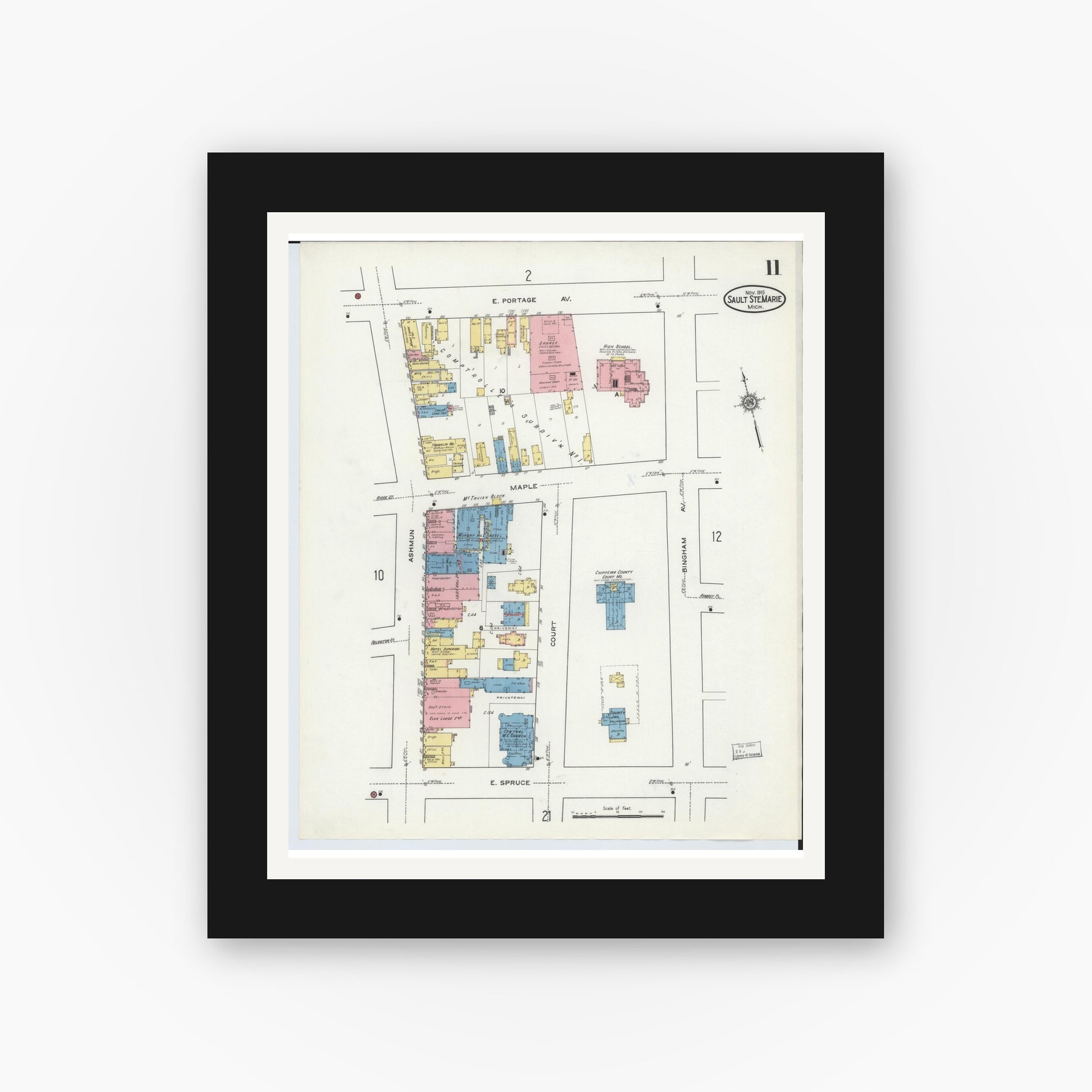 Old map wall art mockup — black gallery frame with white mat — Sanborn Fire Insurance Map from Sault Sainte Marie, Chippewa County, Michigan (1915), Sheet #0011
