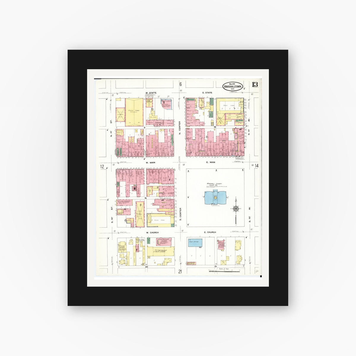 Old map wall art mockup — black gallery frame with white mat — Sanborn Fire Insurance Map from Marshalltown, Marshall County, Iowa (1910), Sheet #0013