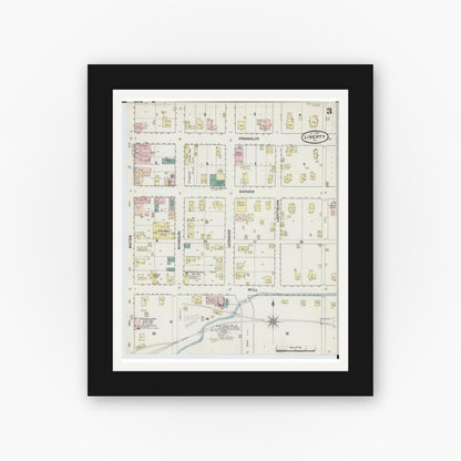 Old map wall art mockup — black gallery frame with white mat — Sanborn Fire Insurance Map from Liberty, Clay County, Missouri (1889), Sheet #0003